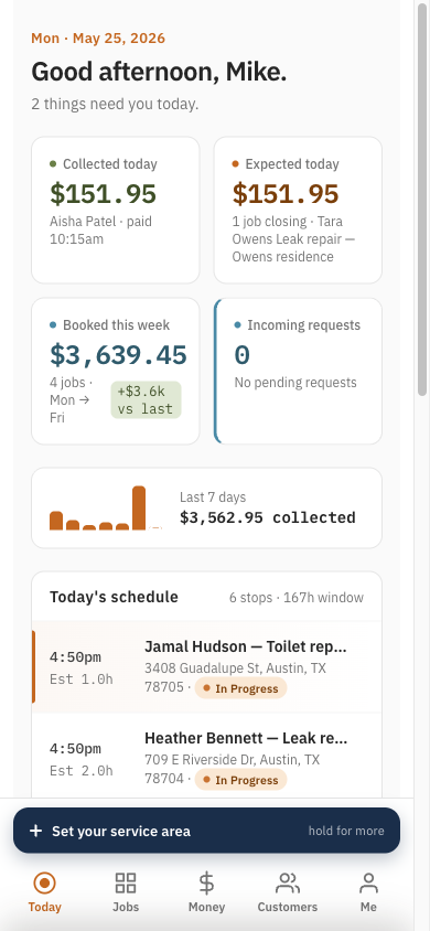 TradeFlowPro Today dashboard on iPhone showing collected revenue, today's schedule, and weekly pipeline